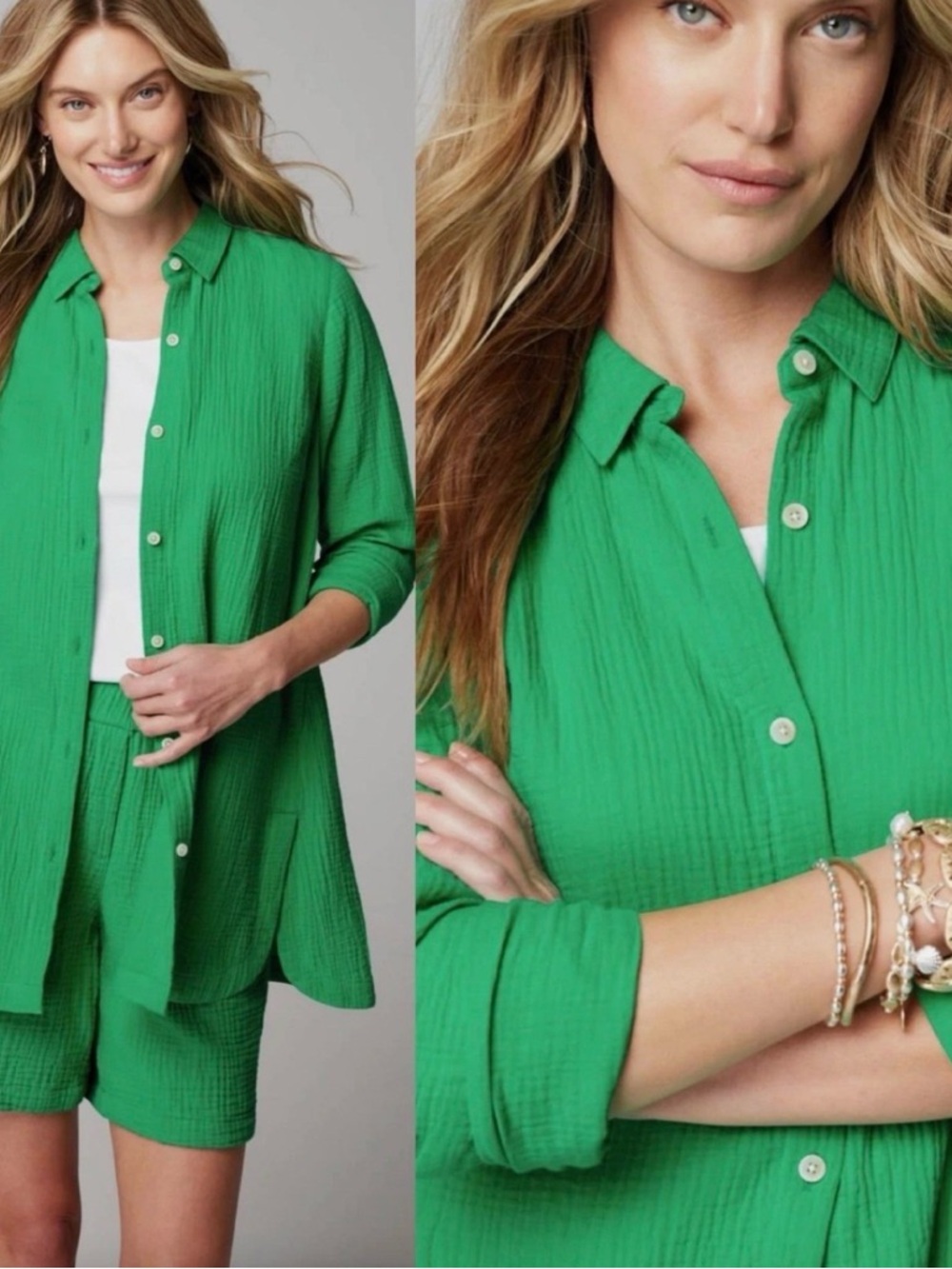J. Jill Vibrant Green Button-Front Gauze Shirt - Picture 5 of 9